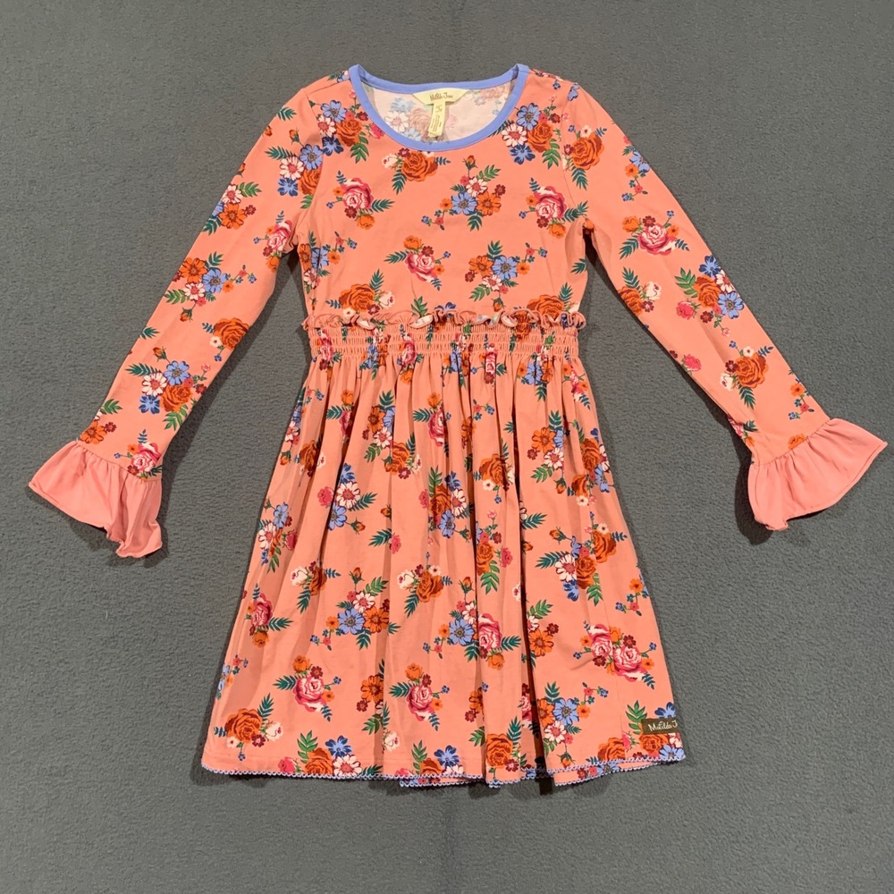 Matilda Jane Floral Dress Girls 8 Long Sleeve Smocked Waist Ruffle Cuff Boho